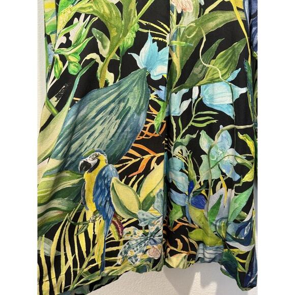 H&M Small Green Tropical Belted Kaftan Dress Birds Resort Parrot Vacation Travel - Picture 10 of 12